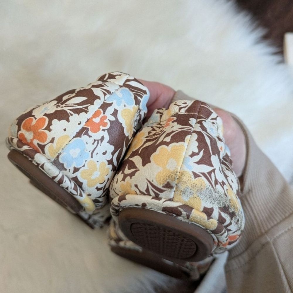 TORY BURCH MINNIE Brown FLORAL TRAVEL FLATS LEATHER BROWN REVERIE COMBO LOGO 10 - Picture 3 of 6